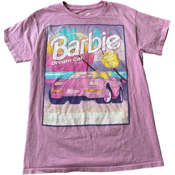 RARE EUC Vintage Barbie Pink Barbie Dream Car Graphic Print Tee Shirt Wms Small - Picture 1 of 6